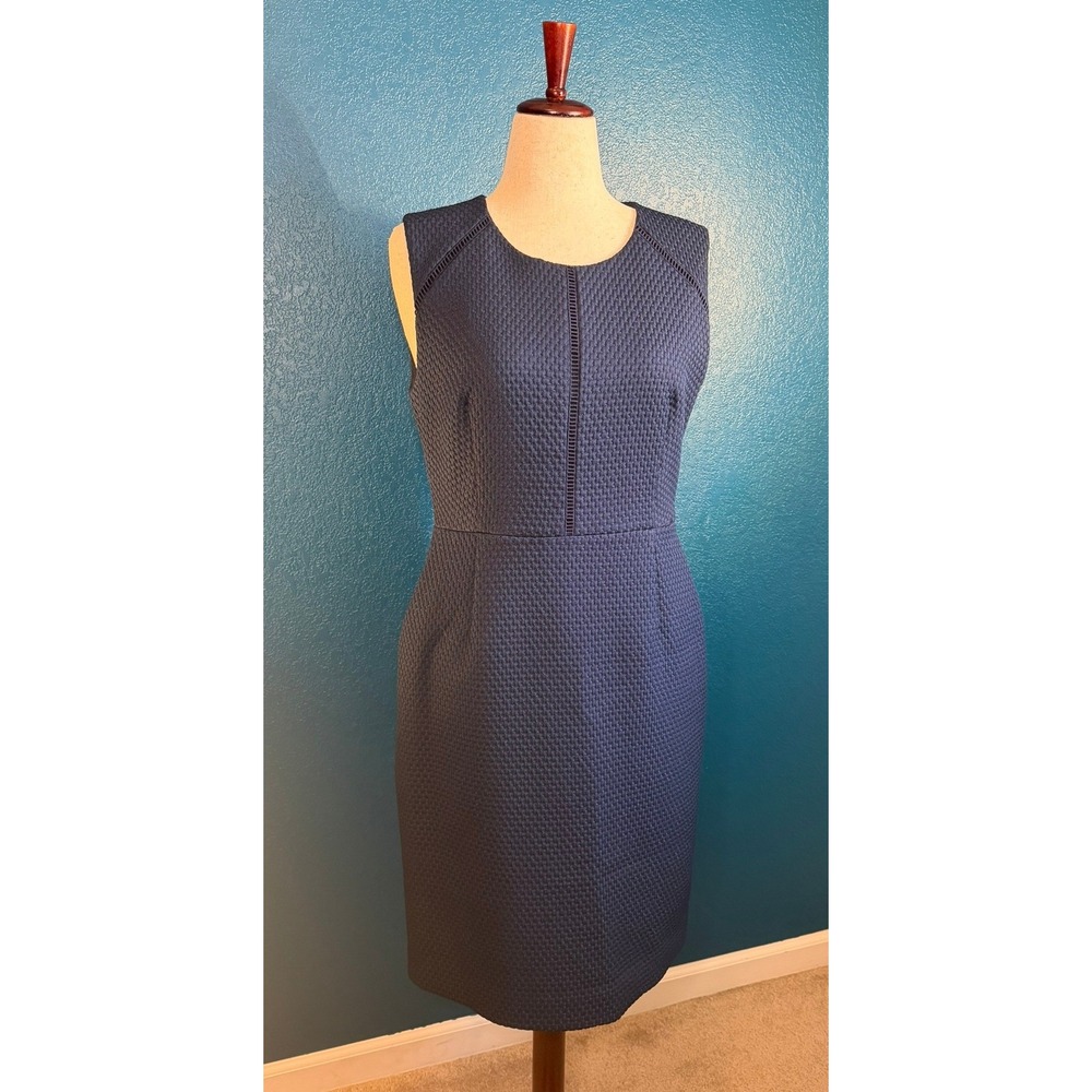 J.Crew Navy Blue Textured Honeycomb Sheath Dress Ladder Stitch Detail Size 12